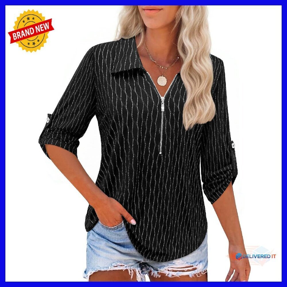 Women's 3/4 Sleeve Zipper Blouse Tunic Top for Work Casual Wear